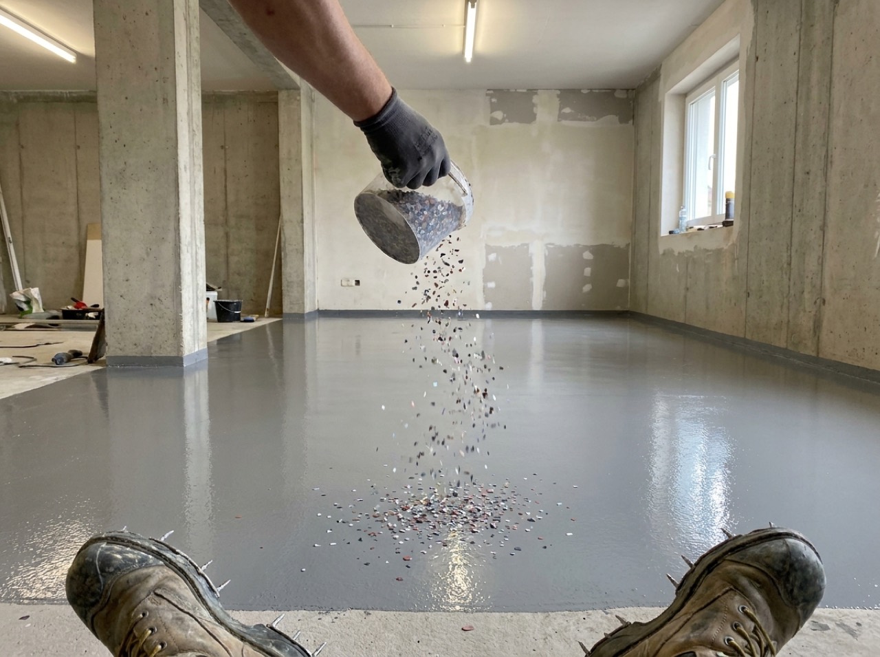 Installer broadcasting vinyl flake into a wet grey base coat