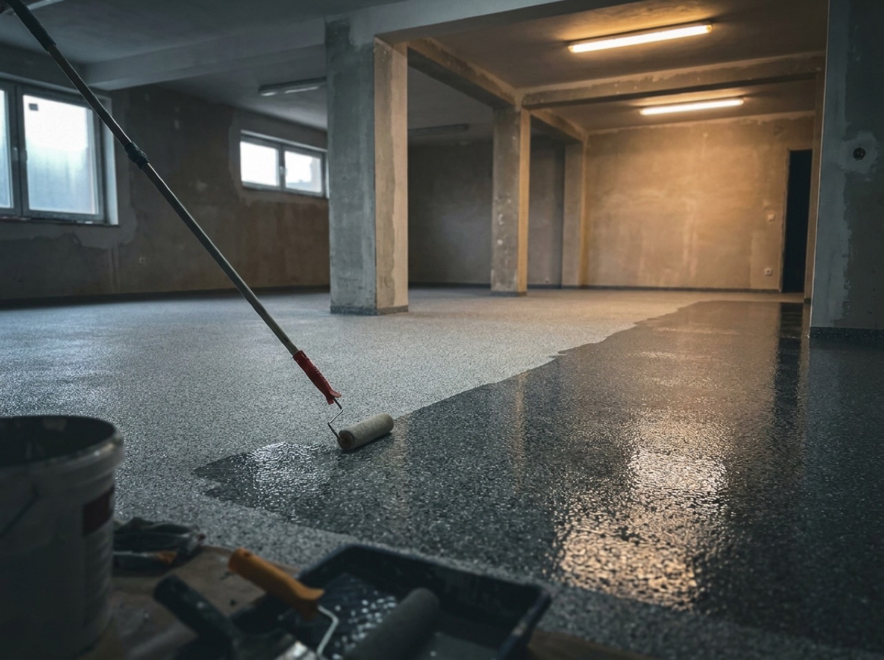 Clear topcoat being rolled over a finished flake floor