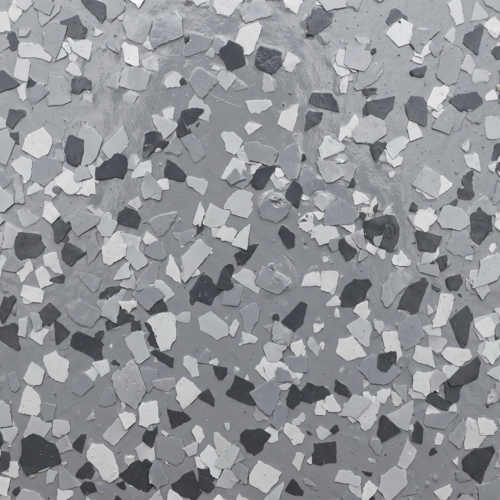 Close-up of a scraped, leveled flake floor before topcoat