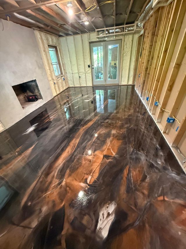 Copper & black metallic, basement: metallic epoxy floor, basement