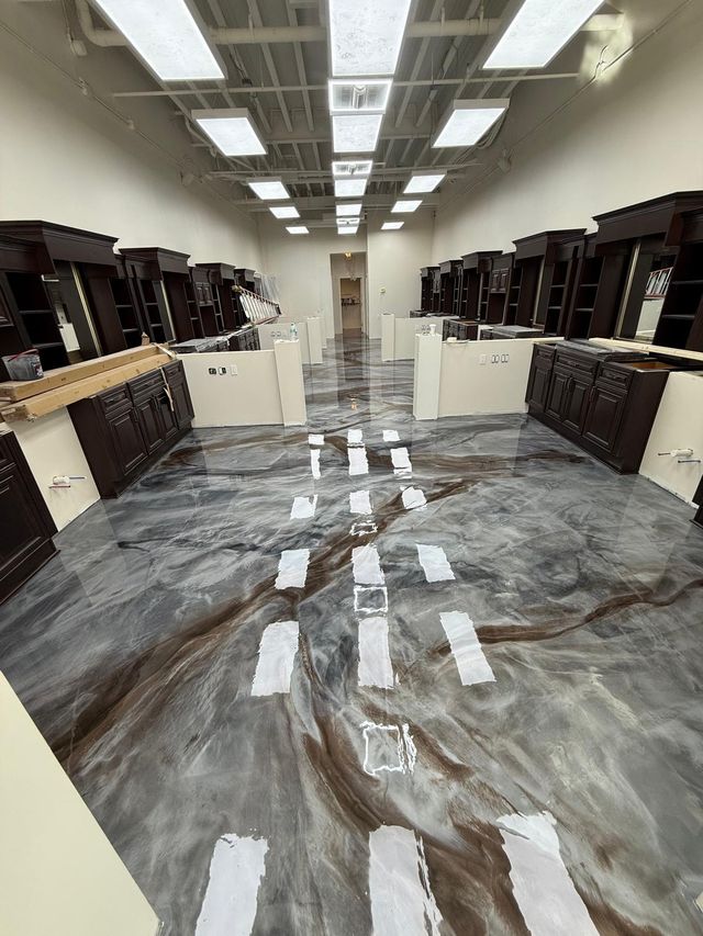 Grey & bronze metallic, cabinet showroom: metallic epoxy floor, commercial